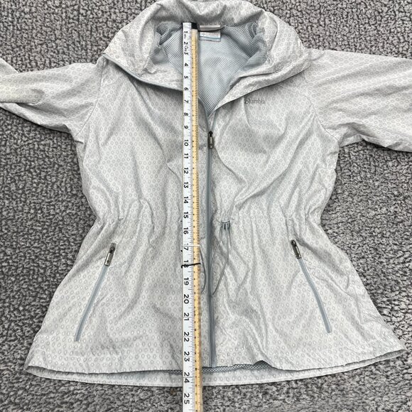Columbia Hooded Cinched Waist Silver Gray Print Windbreaker Jacket Women's M - Picture 7 of 12